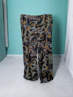 New Look 3X Black Pull On Palazzo Pants with Gold and Blue Design NWT